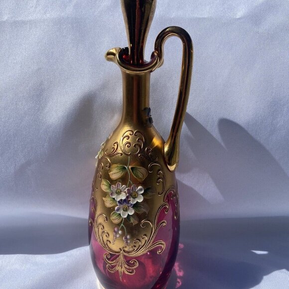 Cranberry Bohemian Glass Cruet, Gilded, Hand-painted, enameled appliques - Picture 8 of 13